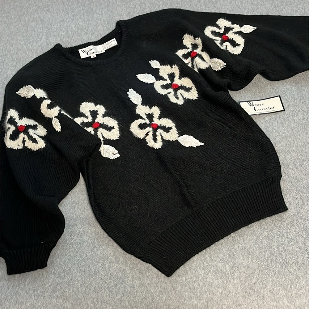 Vintage 90s Dark Floral Sweater Small Angora Novelty Dark Floral Grandma
